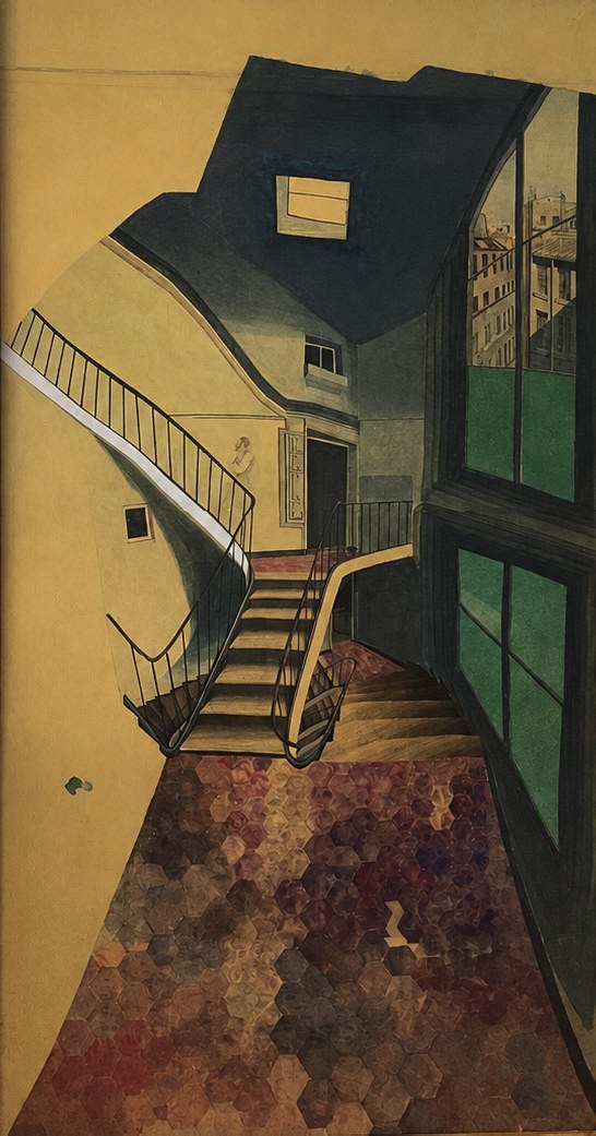 Sam Szafran, Sans Titre (escalier), 1994, aquarelle sur soie 212 x 112 cm
